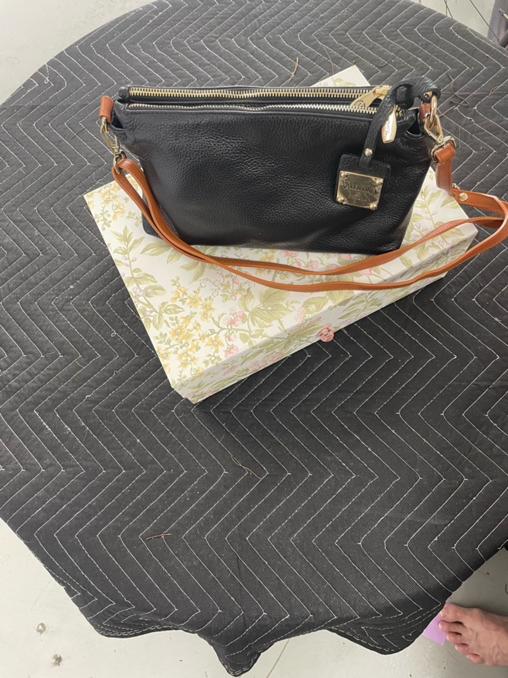 Valentina Black Pebbled Leather Crossbody with Brown Strap and Gold Hardware